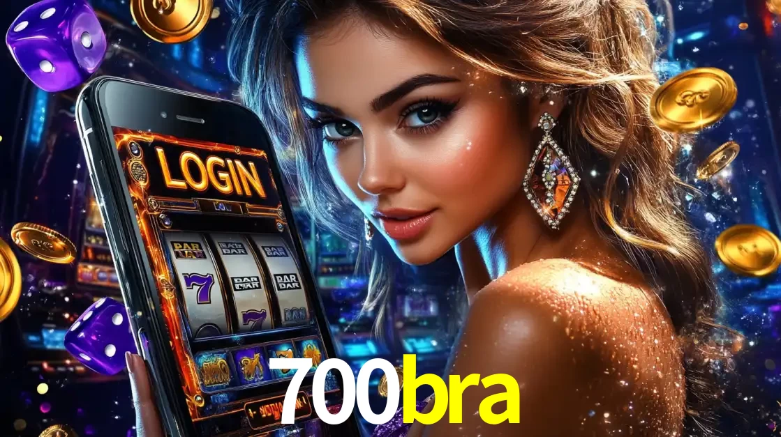 Mulher glamorosa segurando um smartphone com a tela de login para os jogos de caça-níqueis do cassino online 700bra, com moedas de ouro e dados ao redor.